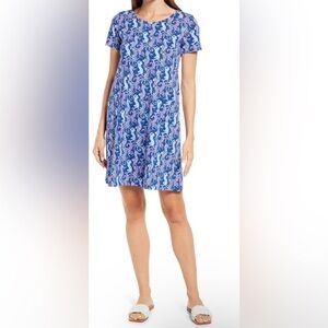 Lilly Pulitzer Shift Dress XS Blue Pink Seahorse Print Short Sleeve Pockets